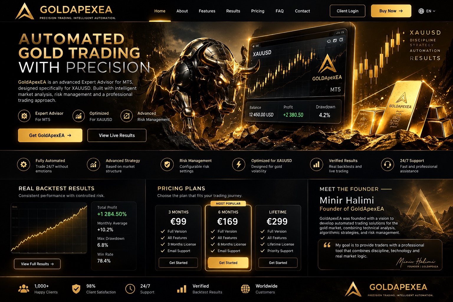 GoldApexEA black and gold website concept featuring a golden bull, XAUUSD charts and MT5 trading automation